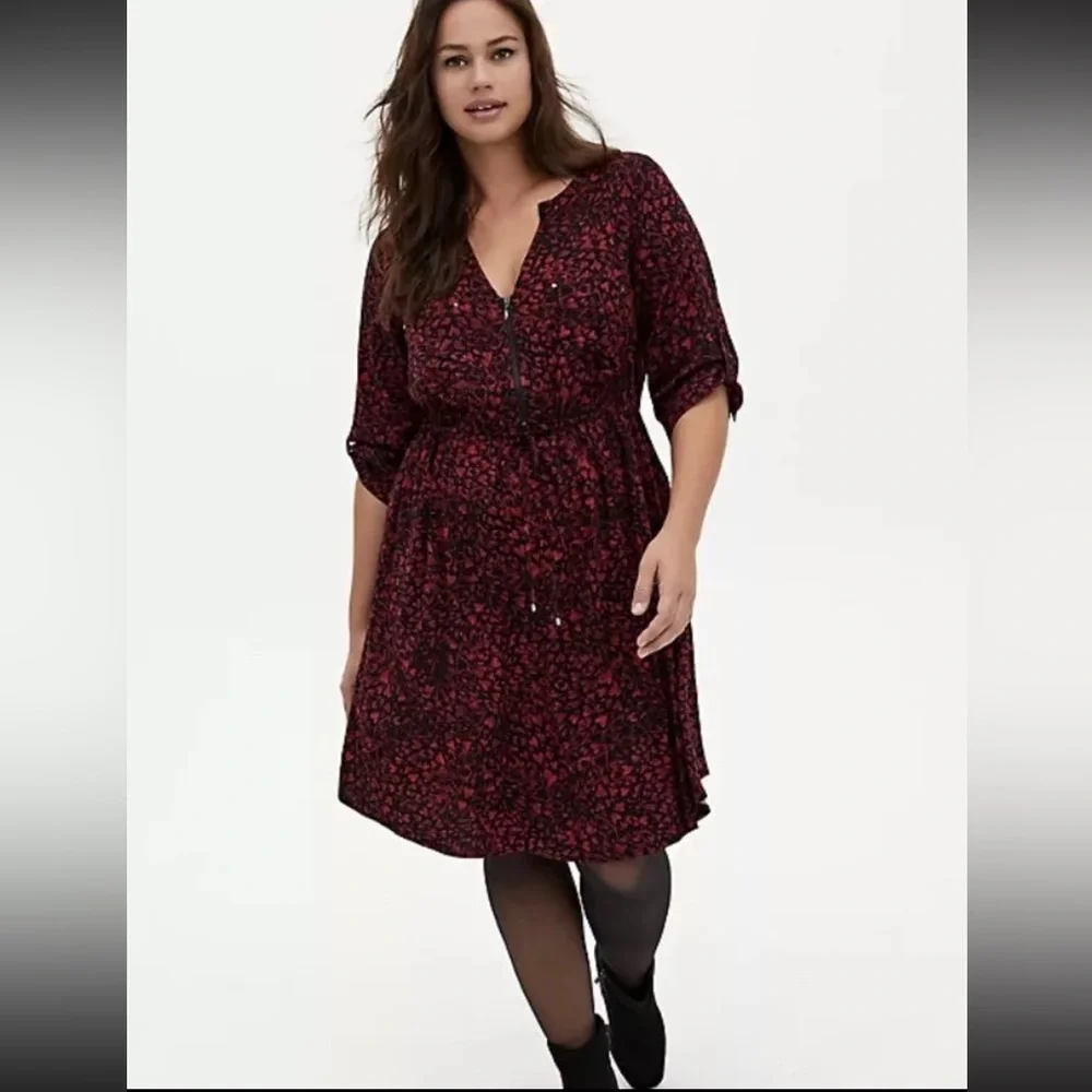 Torrid Red A-Line Midi Dress with V-Neck and Cuffed Sleeves XXL heart Red - Picture 2 of 16